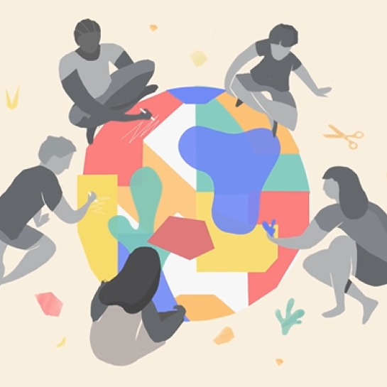 Still from video showing people gathered in a circle