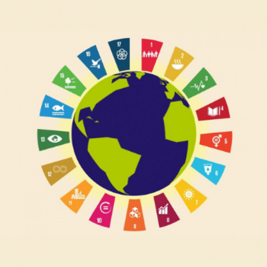 Glowing globe with SDG icons surrounding it, square image