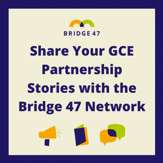 Purple border with orange text and a green icon of books. 