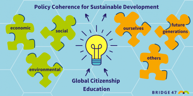 Jigsaw and lightbulb showing global citizenship education supports joined-up thinking for policy coherence